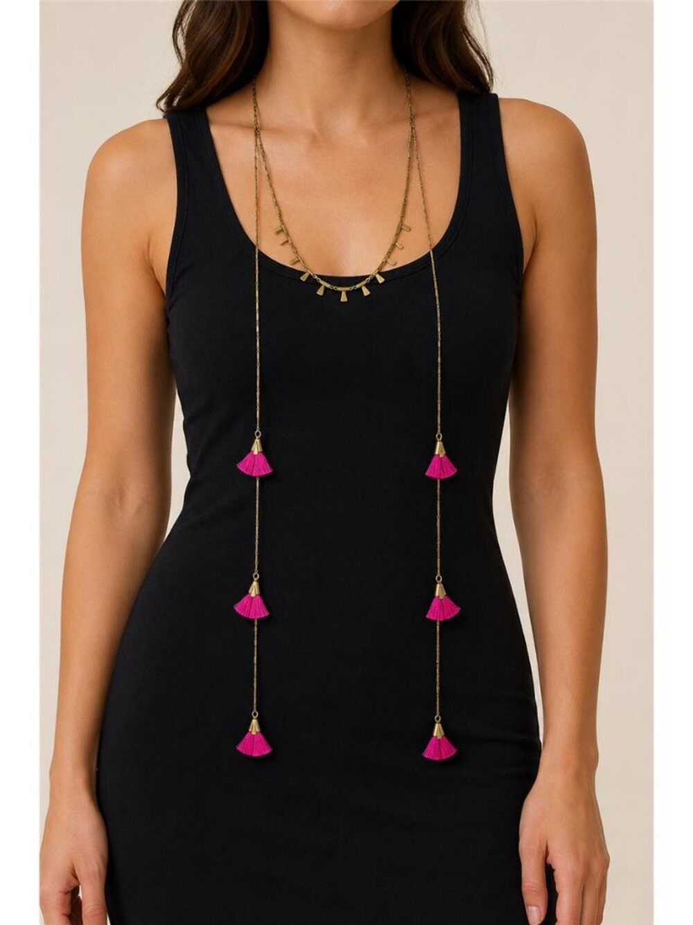Stella & Dot Eden Fringe Necklace Pink Tassel Lariat Convertible Gold Tone 21 in
